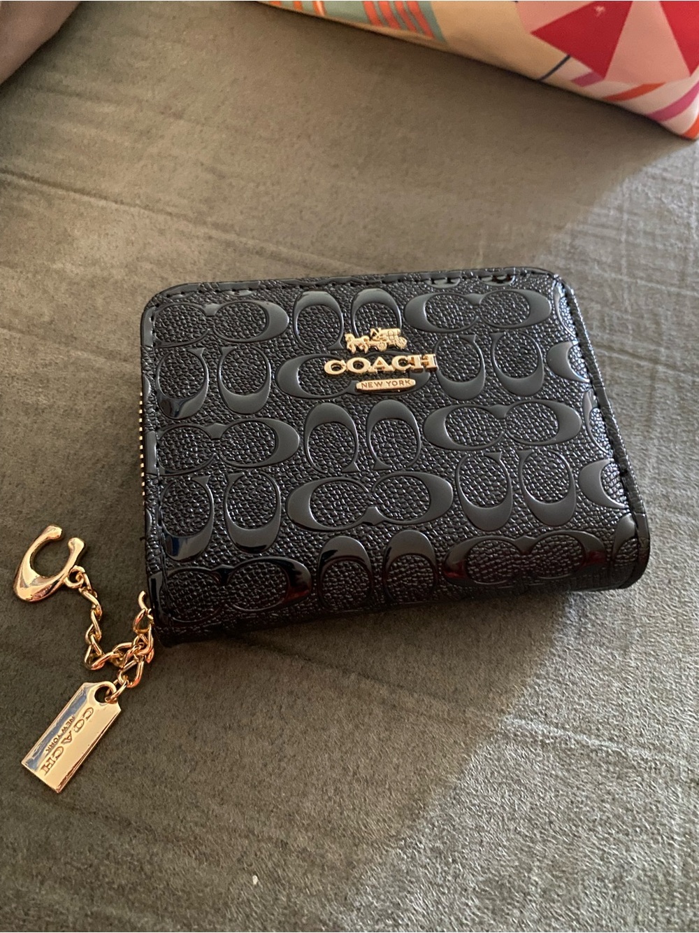COACH Black Signature Patent Leather Zip Wallet